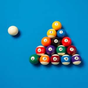Gorina Pool table felt, pool balls ready to play.